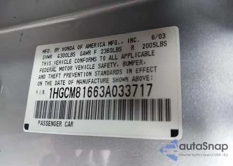 2003 Honda Accord 3.0 Ex from USA, damaged, VIN 1HGCM81663A033717